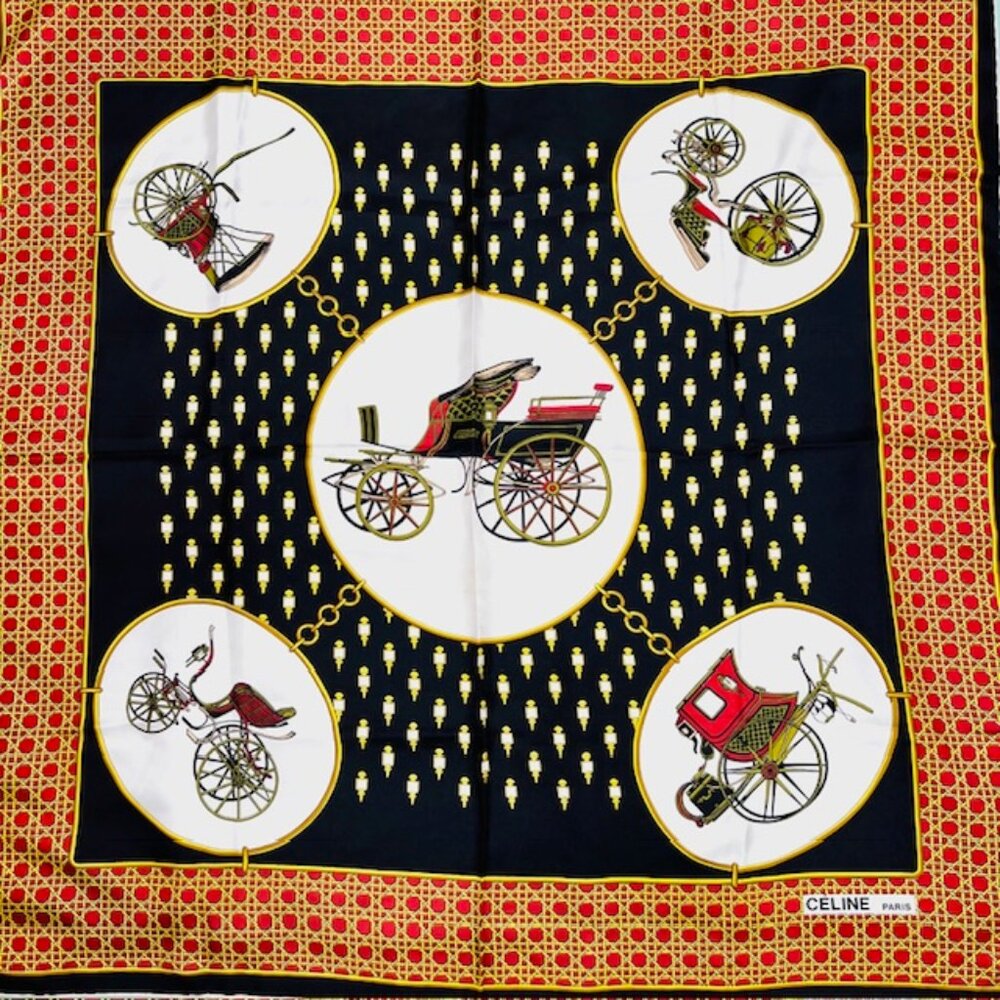CELINE Paris 100% Silk Satin Scarf 34" beige black gold carriage France  Made(60 - Picture 12 of 14